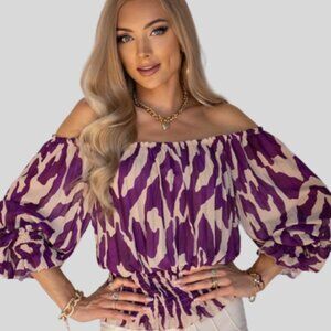 Off Shoulder Printed Tops For Summer - Color Purple/Beige
